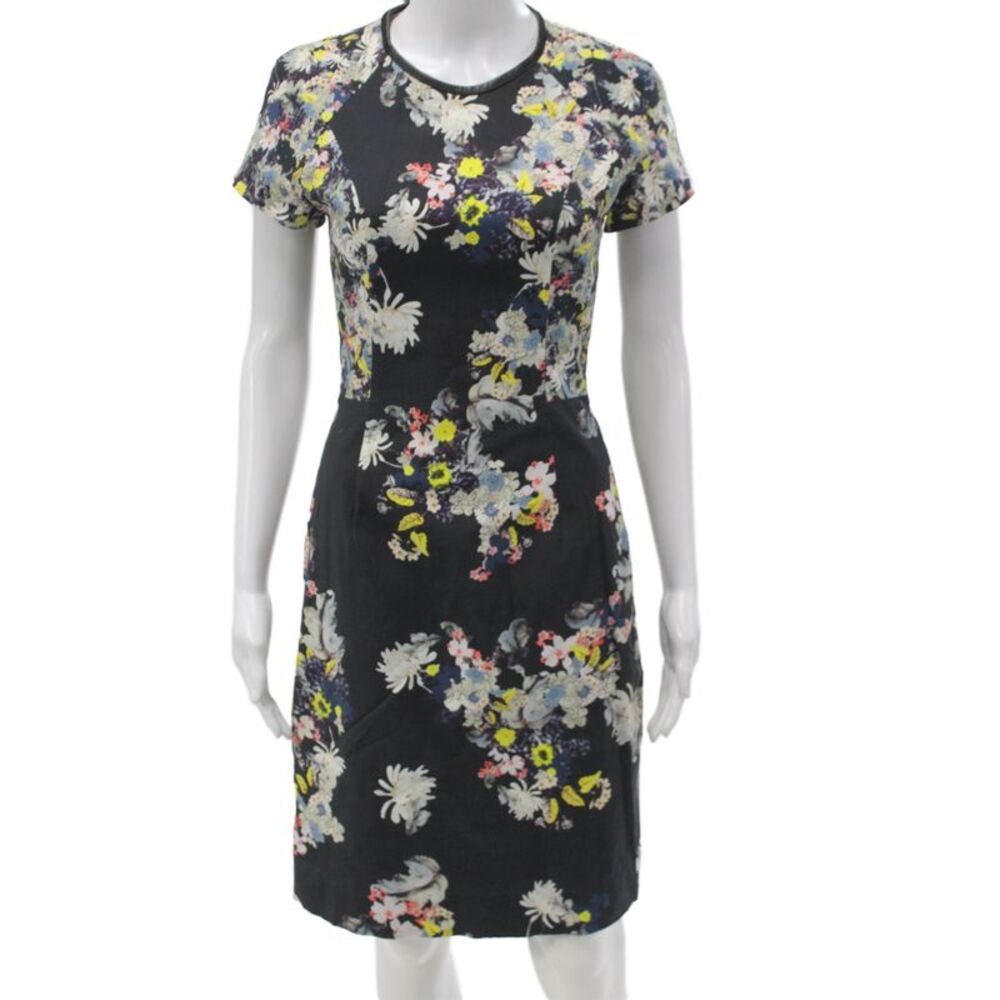 Erdem Women Sheath Dress Black Floral Round Neck Short Sleeve Knee Size 4